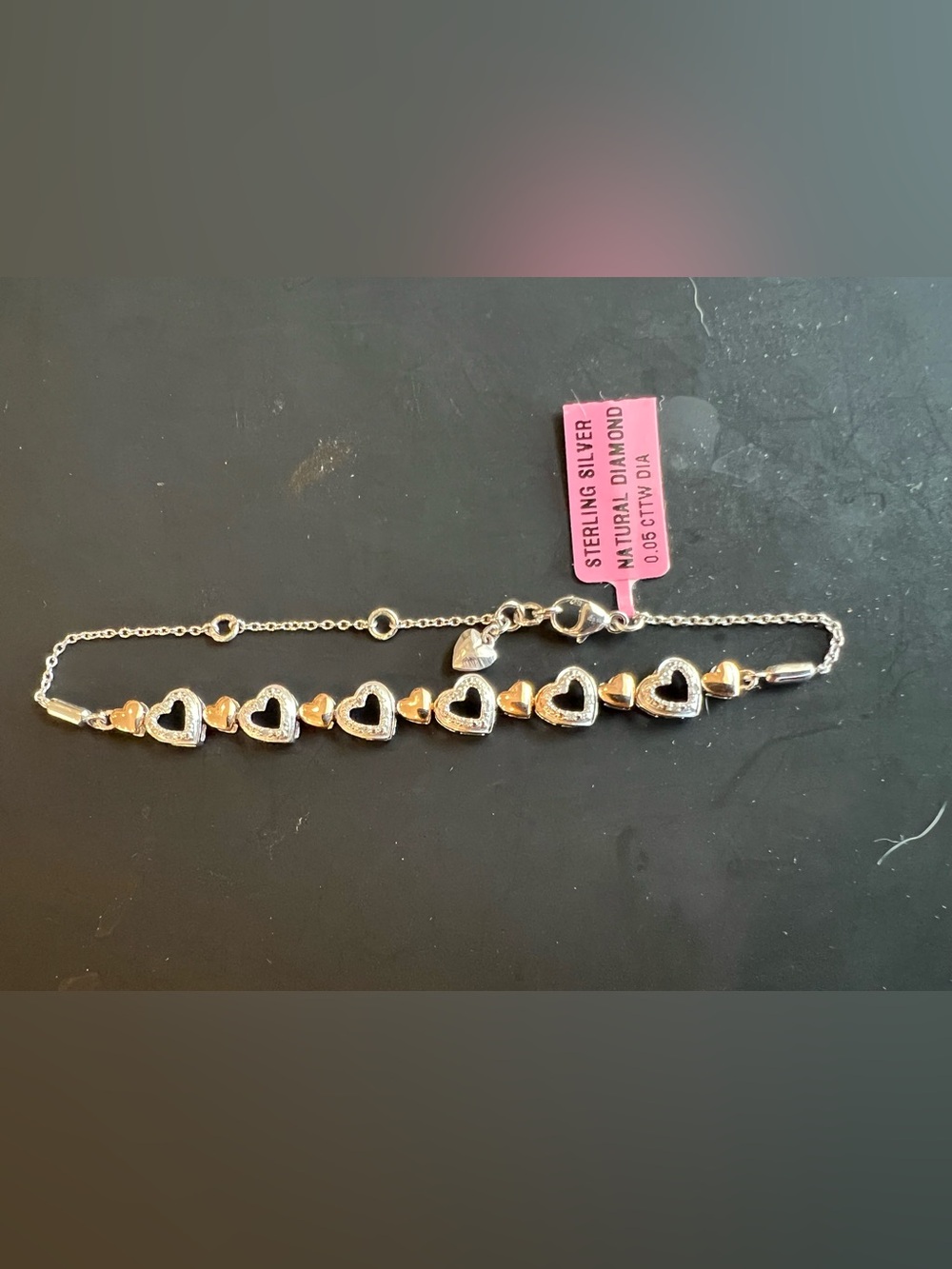 Sterling Silver Heart Link Bracelet with Natural Diamond Accents - Silver